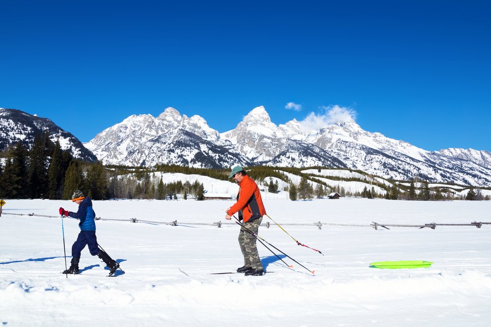 A father and son enjoying cross-country skiing on a winter day in Grand Teton National Park with blue skies and snow.