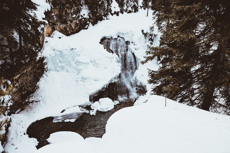 View of an icy snow covered landscape in the winter in Big Sky Montana