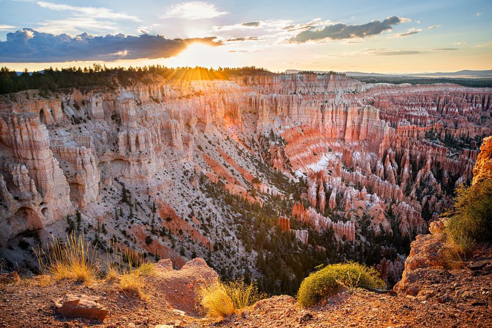 Sun setting over a canyon full of red and white hoodoo landforms.