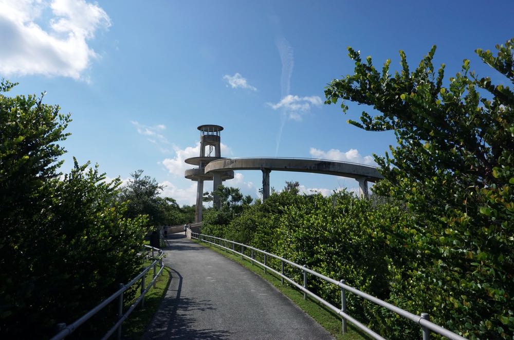 The trail through Shark Valley with a large structure that is an observation tower which offers views over the national park