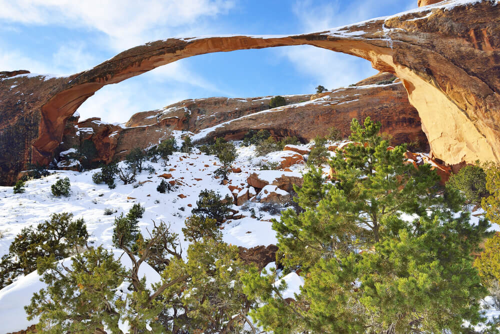 the landscape of the devils garden area of arches national park, with a view of landscape arch with snow and a tree and a blue sky in the background. this is the largest arch in the world