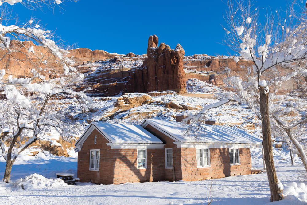 Arches national park in the winter with landscape and building that is no longer in use