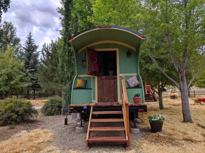 A green wagon-style tiny house converted into an Airbnb in a forest with trees and plants.