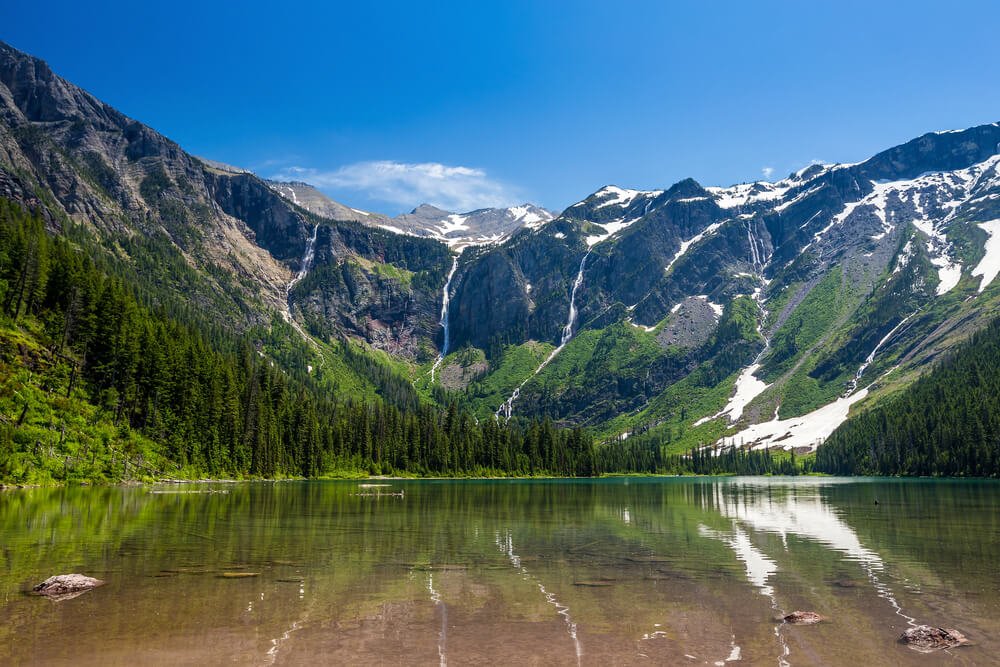 Green mountains with waterfalls cascading down the sides of it, towards the pool at the bottom that is Avalanche Lake, surrounded by pine trees and blue sky.