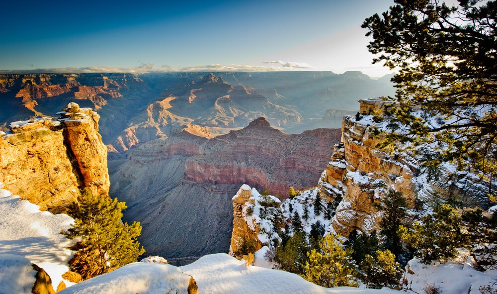 Grand Canyon in morning light covered in snow, with snow blanketing the layers of rock in the canyon as well as some of the trees.
