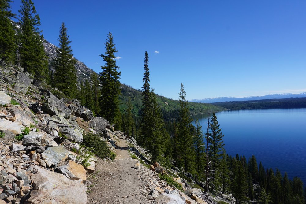 Hiking in Grand Teton National Park along the perimeter of Jenny Lake, a brilliant sapphire blue lake surrounded by rocks and pine trees.