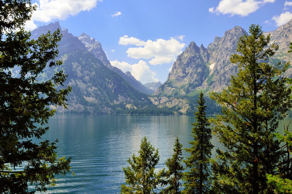 The pale turquoise water of Jenny Lake, surrounded by evergreen trees and steep mountain peaks in the Tetons, on a sunny day visiting Grand Teton National Park in summer.