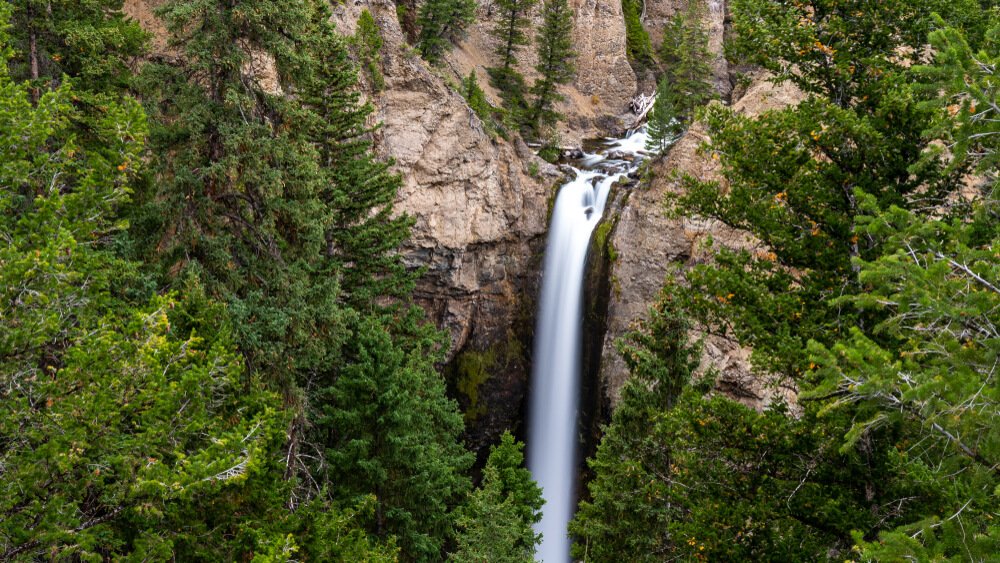 The waterfall at Tower Falls, a long exposure photo of a waterfall going off of a sheer cliff drop, surrounded by green trees in summer.