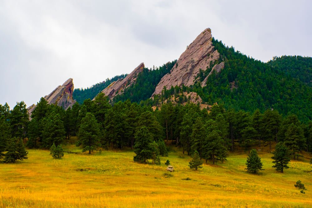 Three peaks showing a cliff face of granite, covered in evergreen trees, with yellow and bright green grass in the foreground, on an overcast day hiking near Denver.