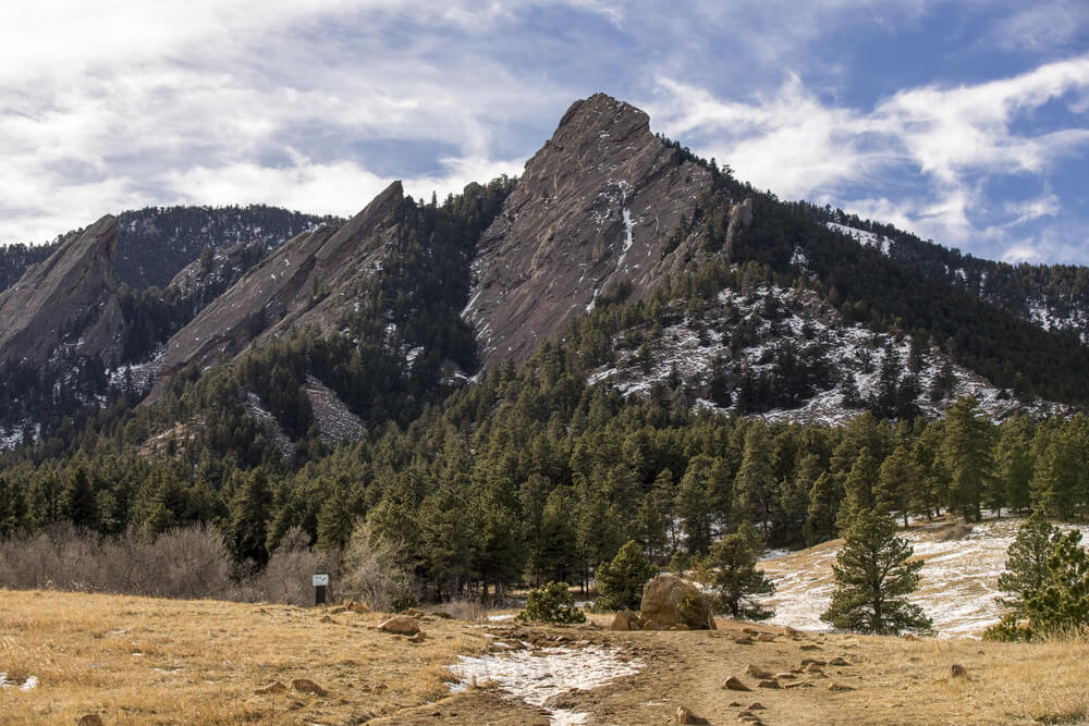 Yellow grass with light snow on the ground, a scattering of evergreen trees on the ground, with a triangular mountain peak, with a partly cloudy sky.