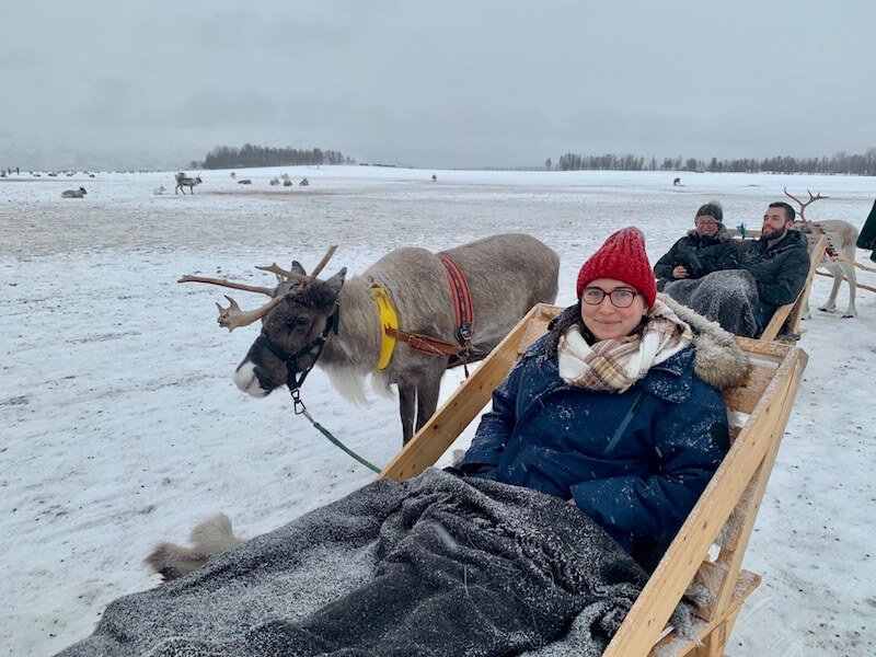 Allison sitting in a reindeer sled with a blanket dusted in snow
