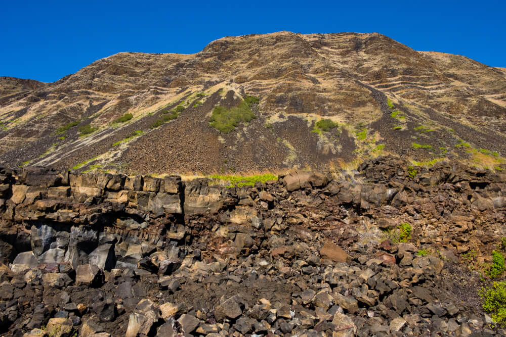 reddish brown rock with bits of green grass and vegetation on this big island hike to halape