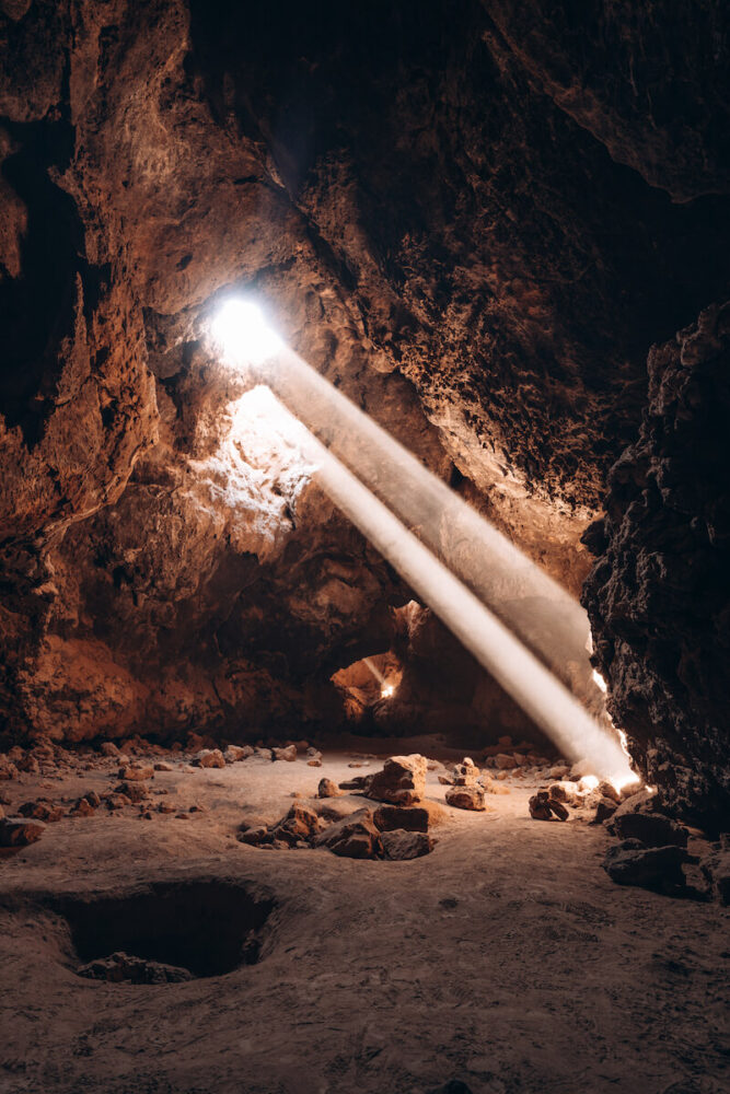 light beam in the lava tube at mojave national preserve