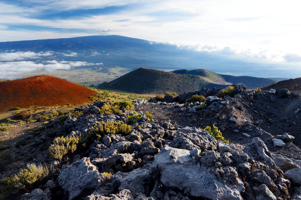 volcanic rock and cinder cones on the mauna loa summit trail on the big island