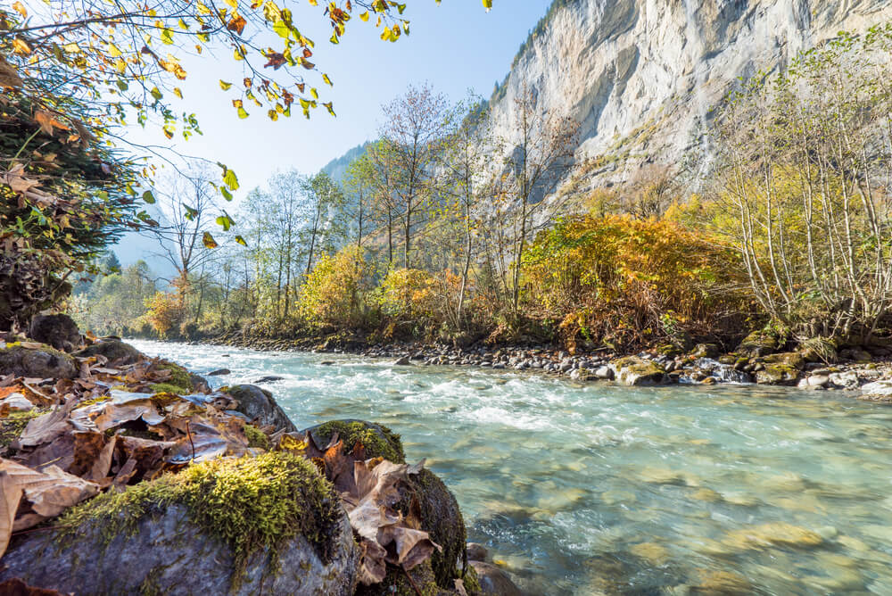 A calmer part of the Lütschine river in Lauterbrunnen Valley, Switzerland