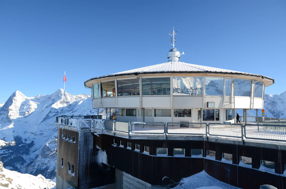 Famous revolving restaurant on the top of Schilthorn mountain, Switzerland, on a sunny day in summer.