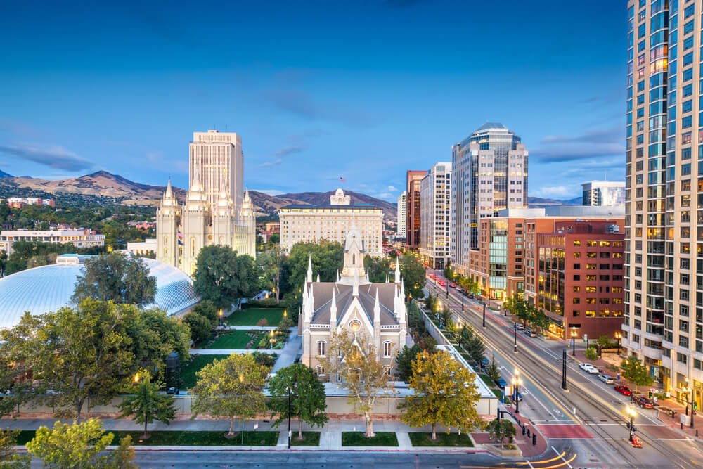 Salt Lake City - Temple Square at night with lights on and focus on church