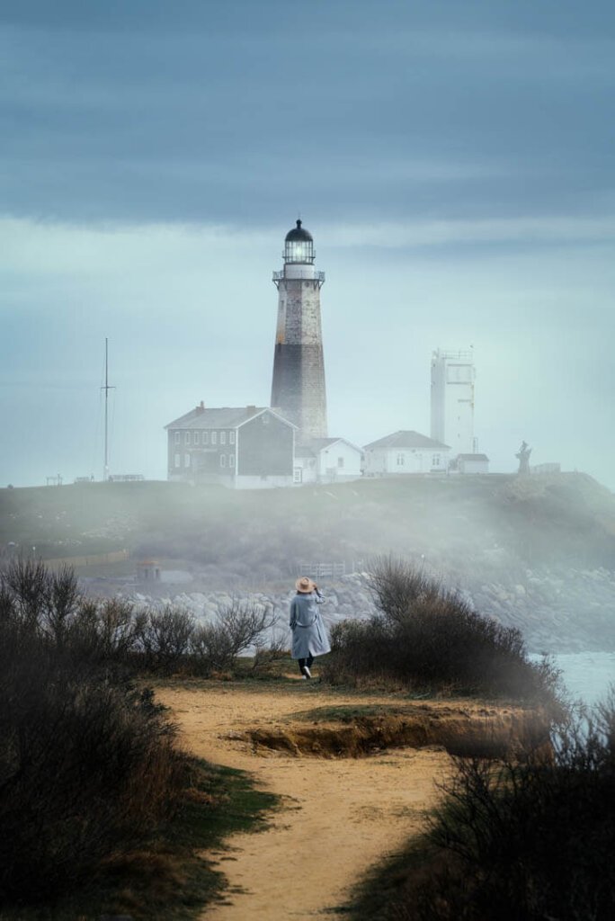 A foggy day looking at a lighthouse in Montauk