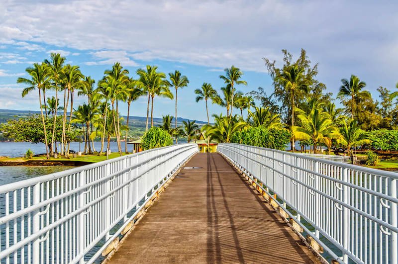 Bridge leading towards the Coconut Island in Hilo, from the gardens