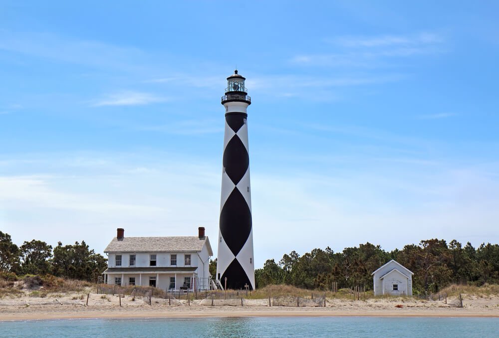 black and white lighthouse and house on a sandy beach in north carolina