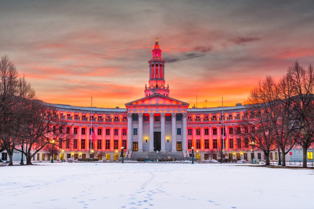 Denver, Colorado, USA city and county building at dusk in winter.
