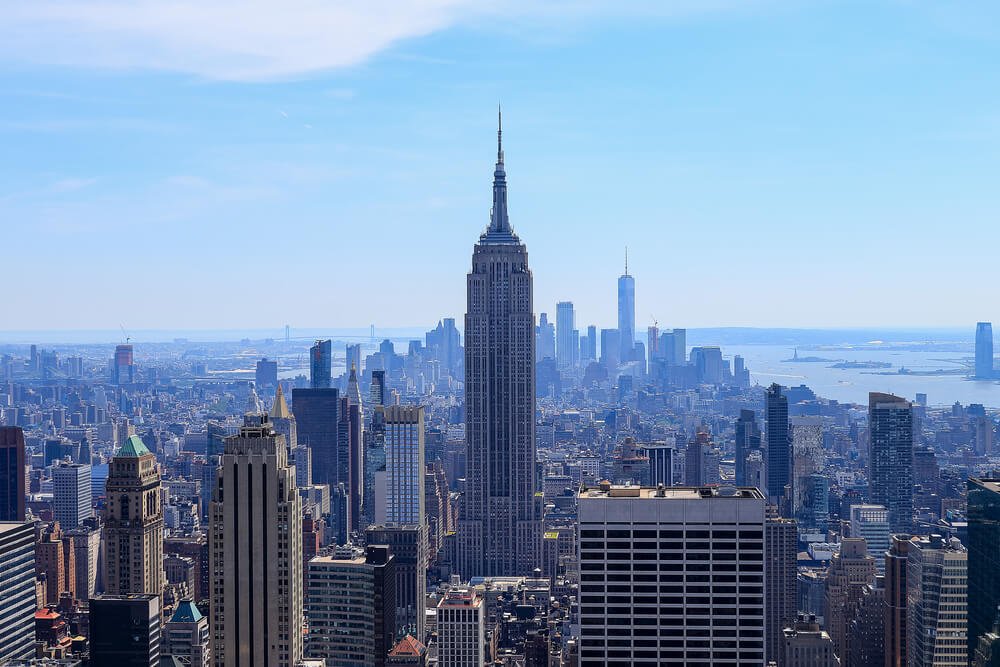 View of the Empire State building dead center amongst other Manhattan skyscrapers from Top of the Rock