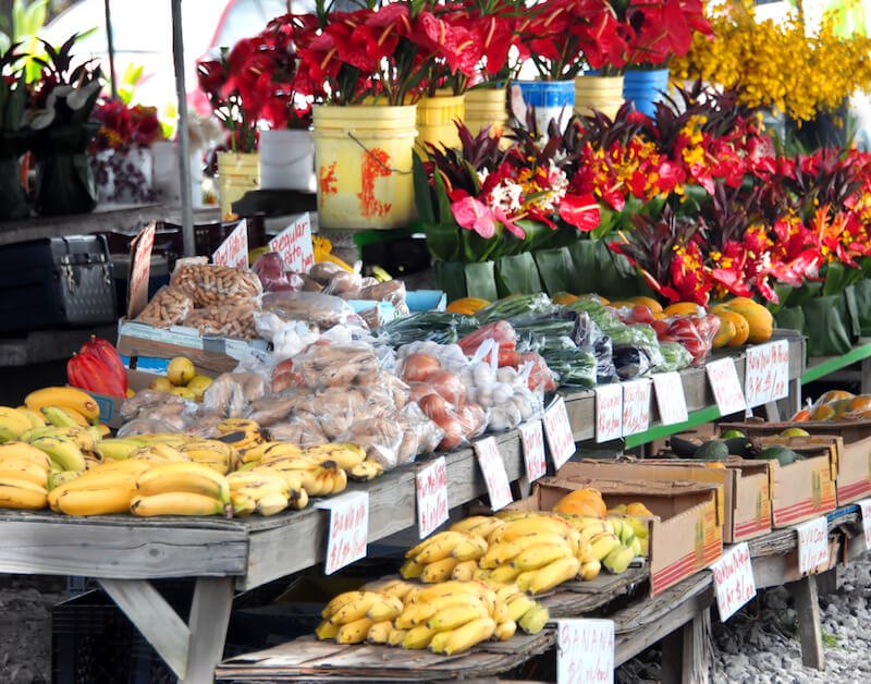 Flowers, bananas, and other produce and goods at the Hilo Farmers Market 