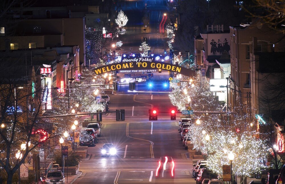 Golden Colorado Main Street. Welcome in Golden Colorado. The City of Golden in Christmas Time.
