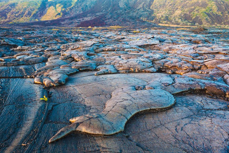 Amazing shapes and patterns of molten cooled lava landscape in the evening in Hawaii Volcanoes National Park, Big Island, Hawaii
