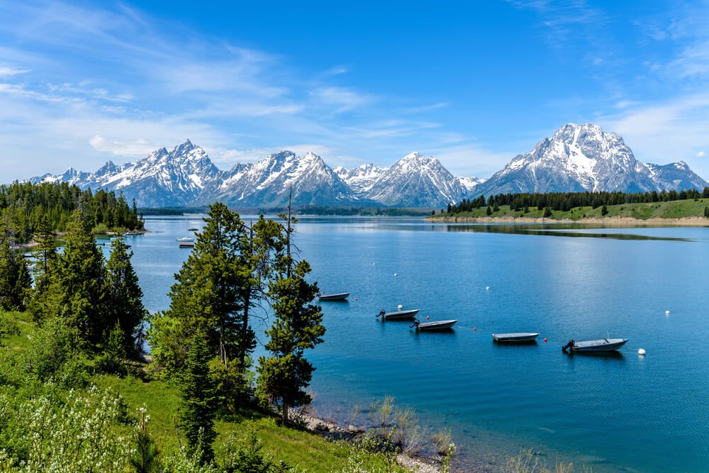 Boats on Jackson Lake in Grand Teton in summer