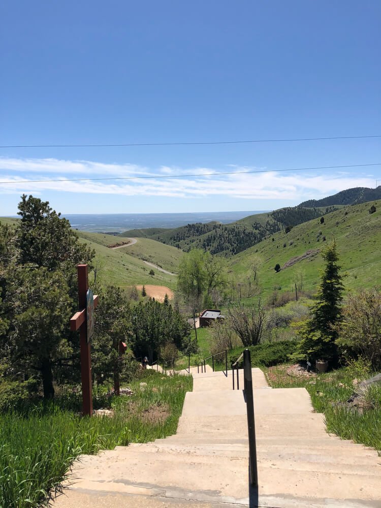 Many steps leading up to the shrine with views of Golden Colorado around it