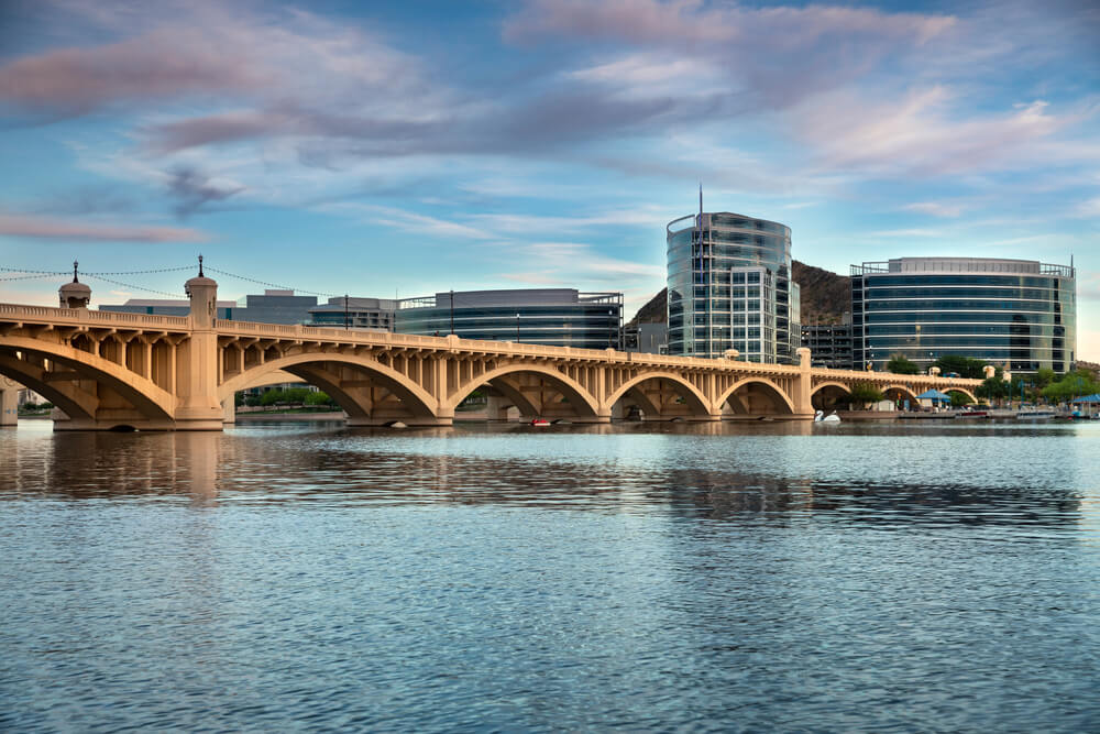 Lake in Tempe with bridge and skyline