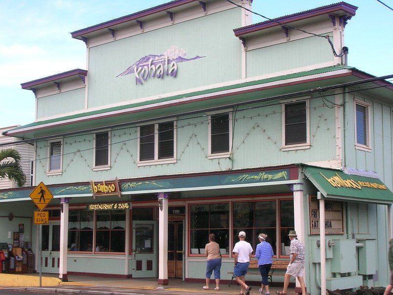 a pale green painted restaurant in the town of hawi hawaii