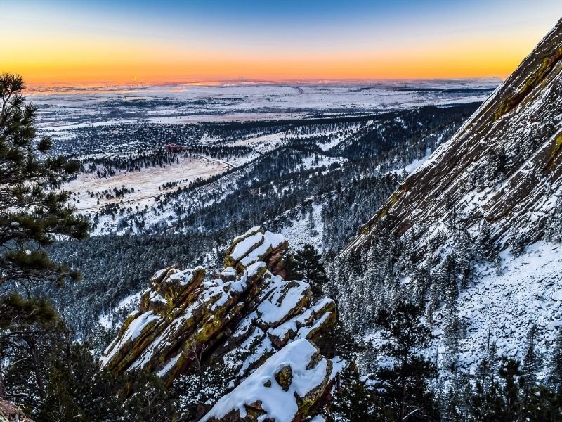 sunset colors seen from hiking the flatirons in winter