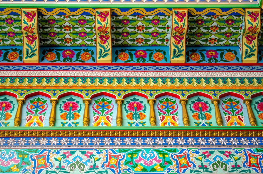 Intricate painted detailing of the Boulder Dushanbe teahouse