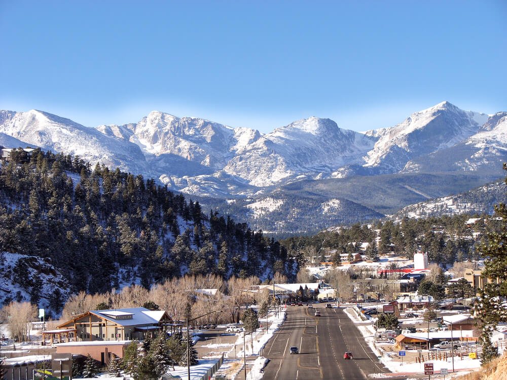 Estes Park downtown in winter with plowed streets and the city covered in snow