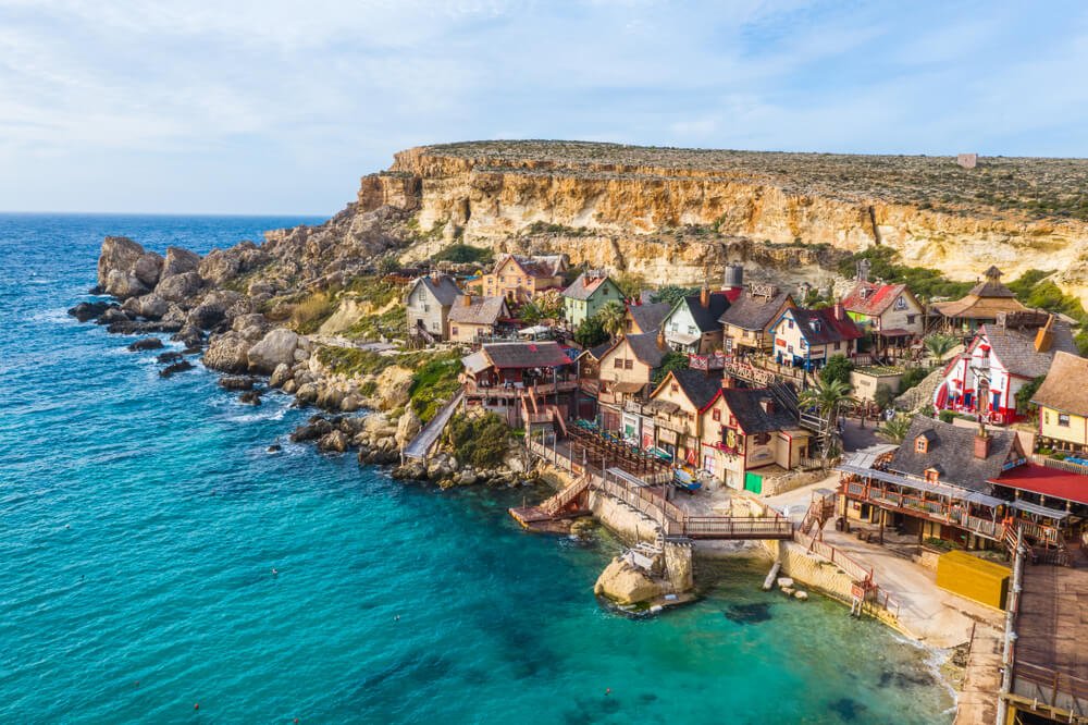 Aerial view of tourist attraction Popeye village, also known as Sweethaven village