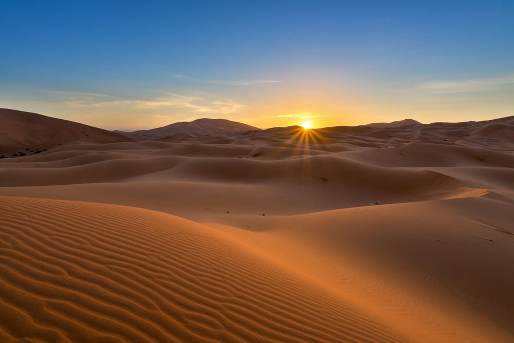 view of Erg Chebbi Dunes in the Sahara Desert - at sunrise, in Morocco