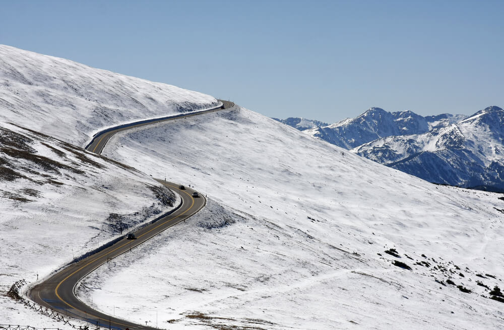 Snow Covered Trail Ridge Road in  Rocky Mountain National Park in winter before the closed part of the season starts