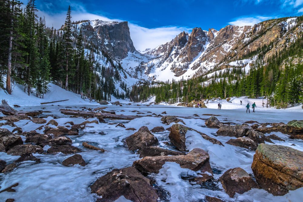 People walking on the frozen surface of Dream Lake in winter on a sunny day in Colorado