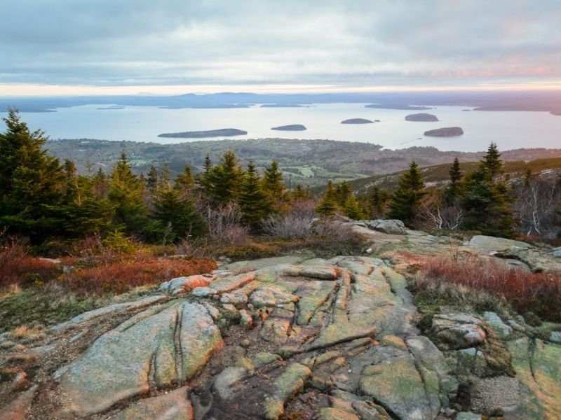 sunset over acadia national park -- water and rocks and trees