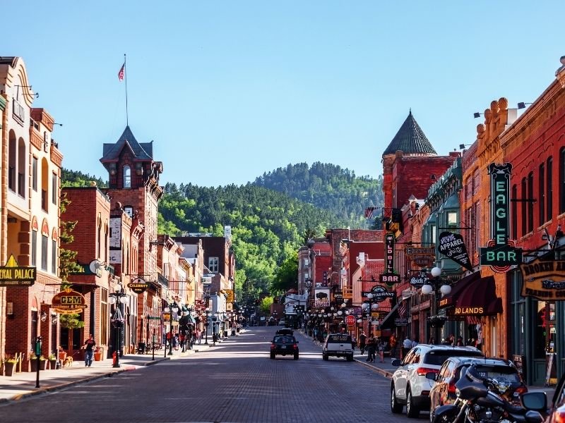 The historic downtown of Deadwood South Dakota with bars and restuarants