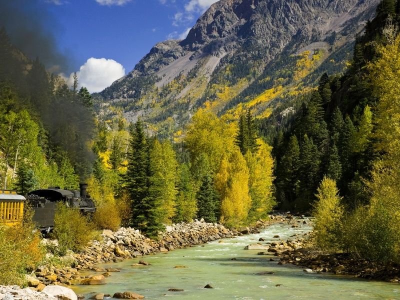 train in durango going by a river with some fall foliage in colorado turning yellow