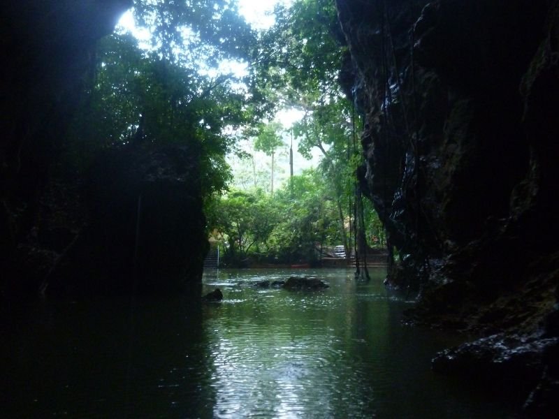 dark cave entrance with lots of water and trees visible through the mouth of the cave