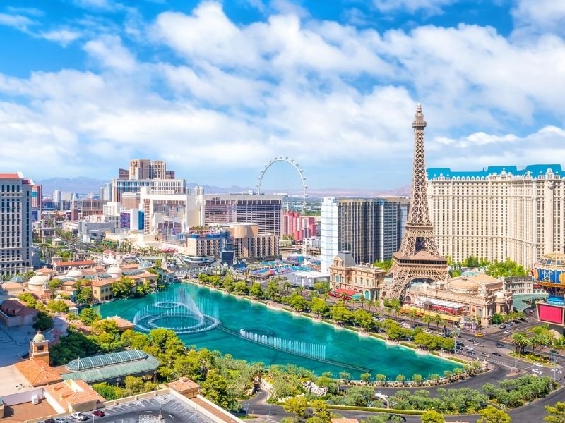 the las vegas strip as seen from above on a sunny day