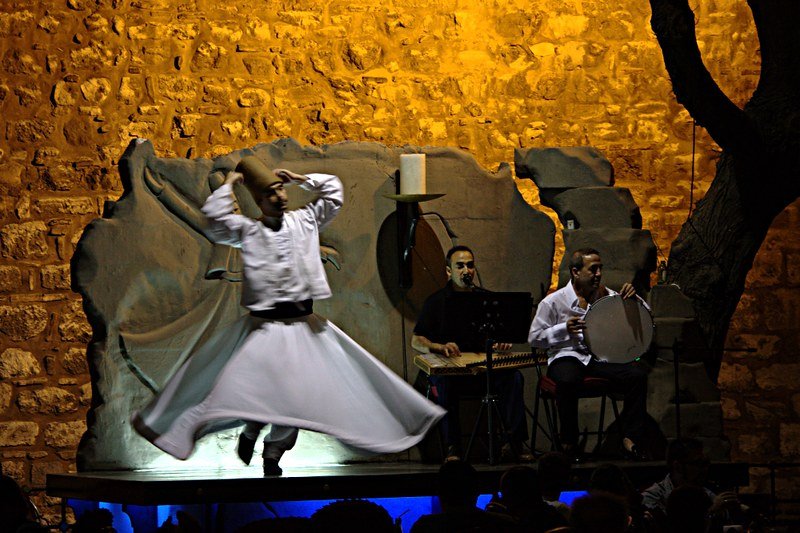 men spinning in whirling dervish attire in an istanbul dance show