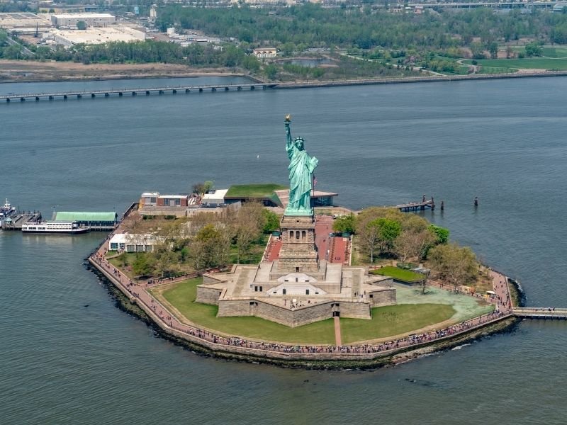 aerial view of the statue of liberty as seen from the helicopter