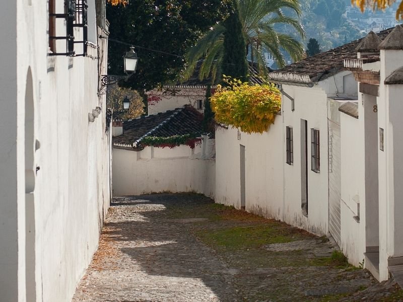 narrow winding cobblestone road in the albaicin district of granada