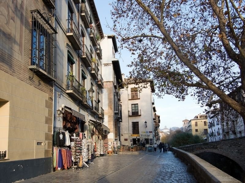 the historic street of carrera del darro with shops and bridge