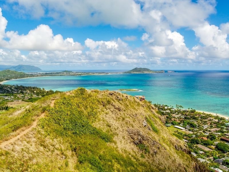 view over kailua bay from the lanikai pillboxes overlooking the coast and islands off the coast oahu